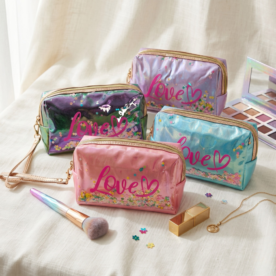 Premium Quilted Floral Cosmetic Pouch - Blue