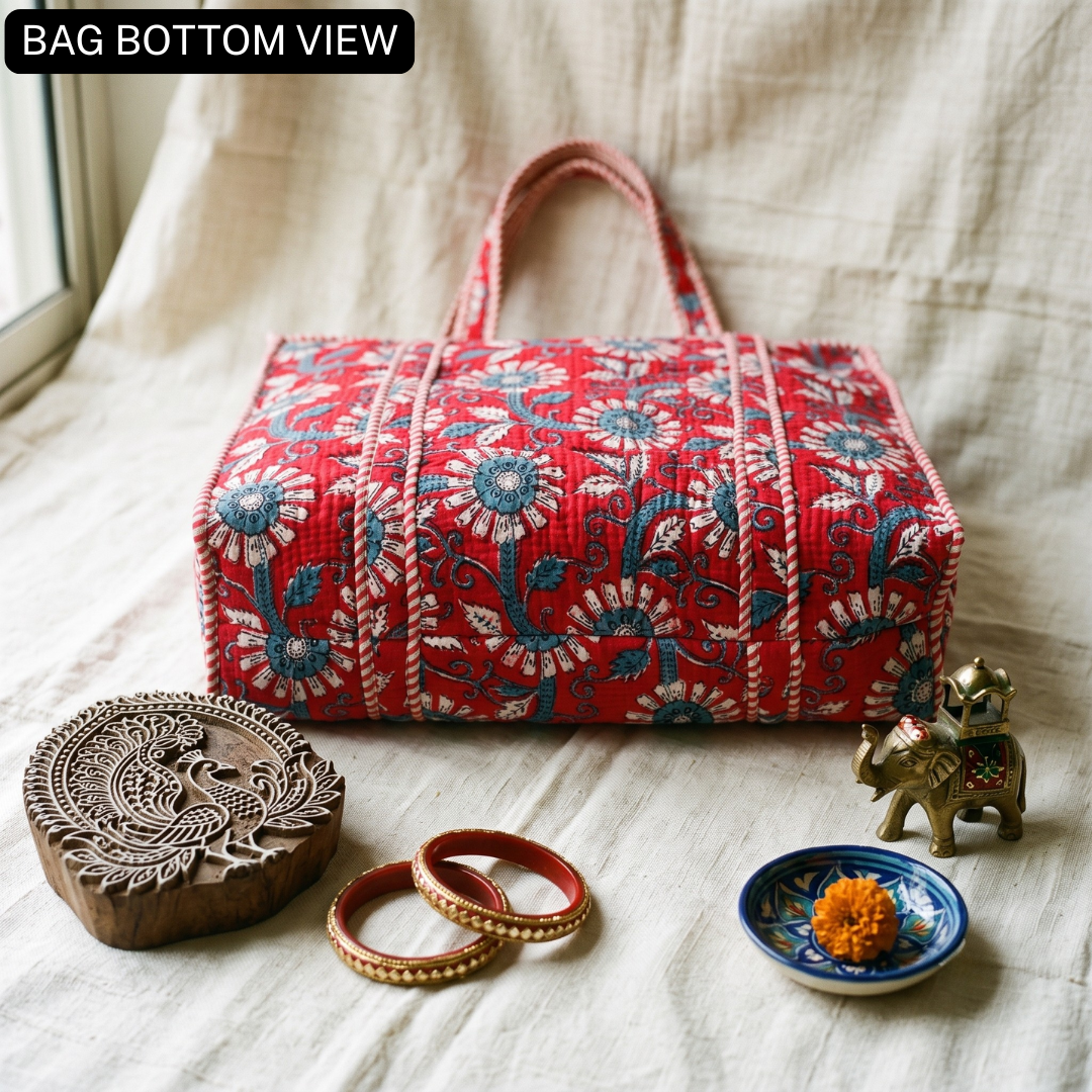 Quilted Jaipuri Tote Bag - Blue
