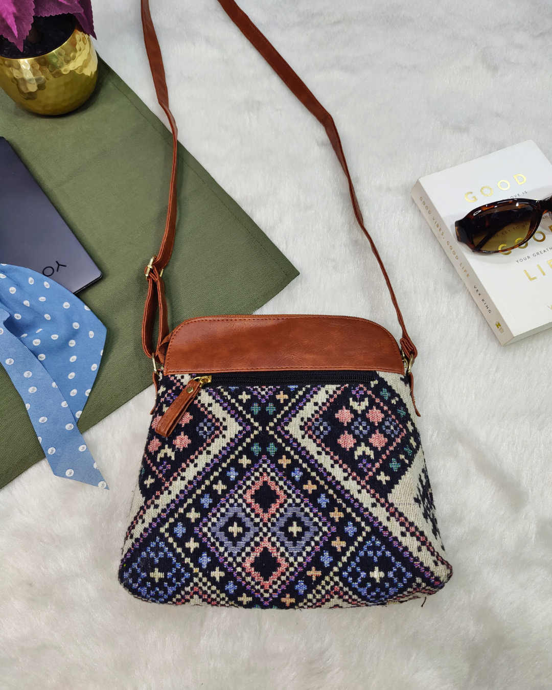 Jacquard Multi-zipper Sling Bag For Women - Blue Weave