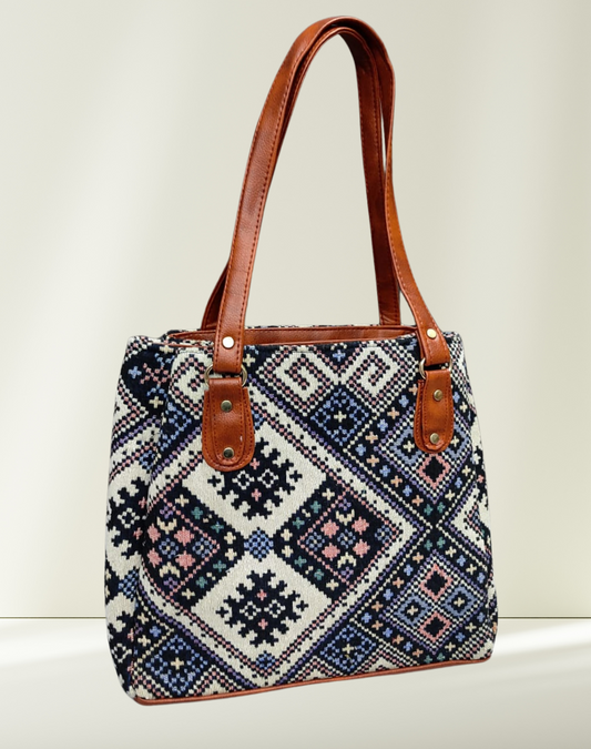 3 Partition Jacquard Tote Bags for Office - Blue Weave - Surovi Bags