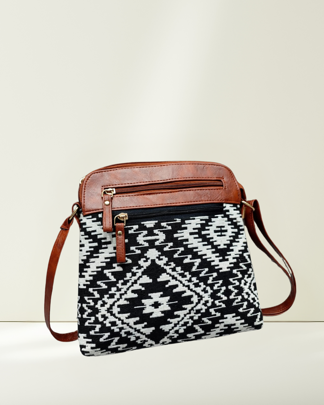 Jacquard Multi-zipper Sling Bag For Women - Black Tribal Weave - Surovi Bags