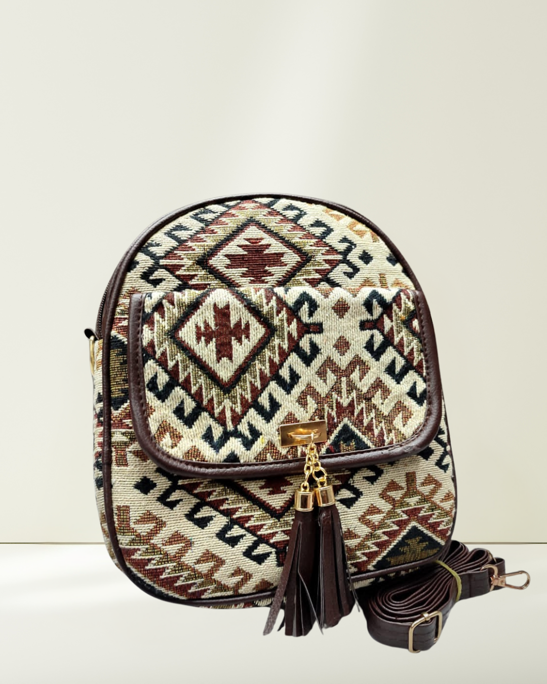 Jacquard Convertible Backpack cum Sling Bag - Cream - Surovi Bags