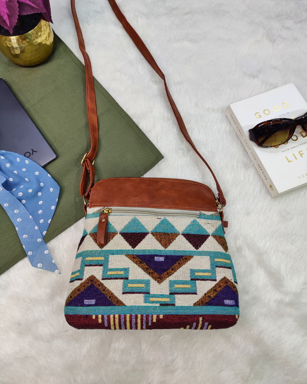 Jacquard Multi-zipper Sling Bag For Women - Light Blue Weave