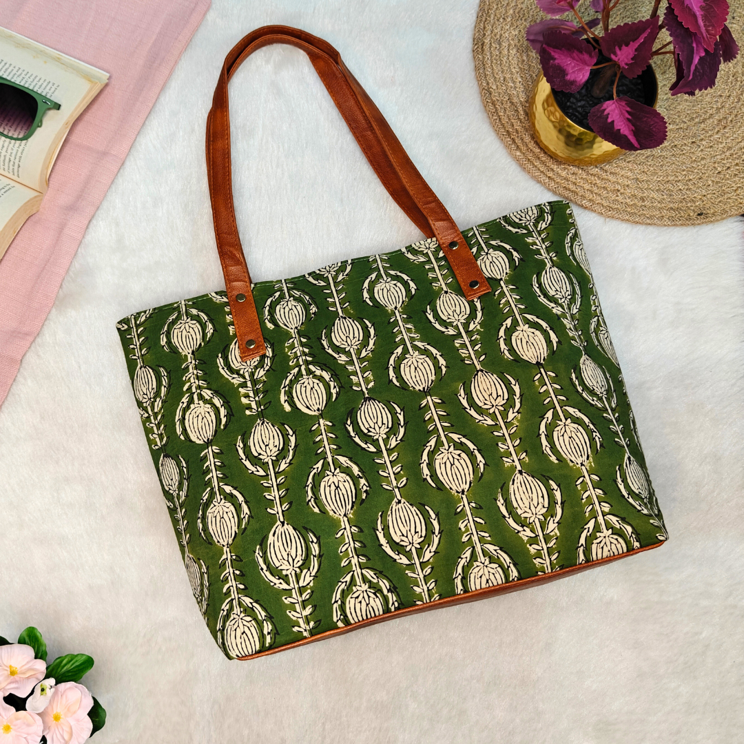 Everyday Tote bags for Women - Green Blockprint