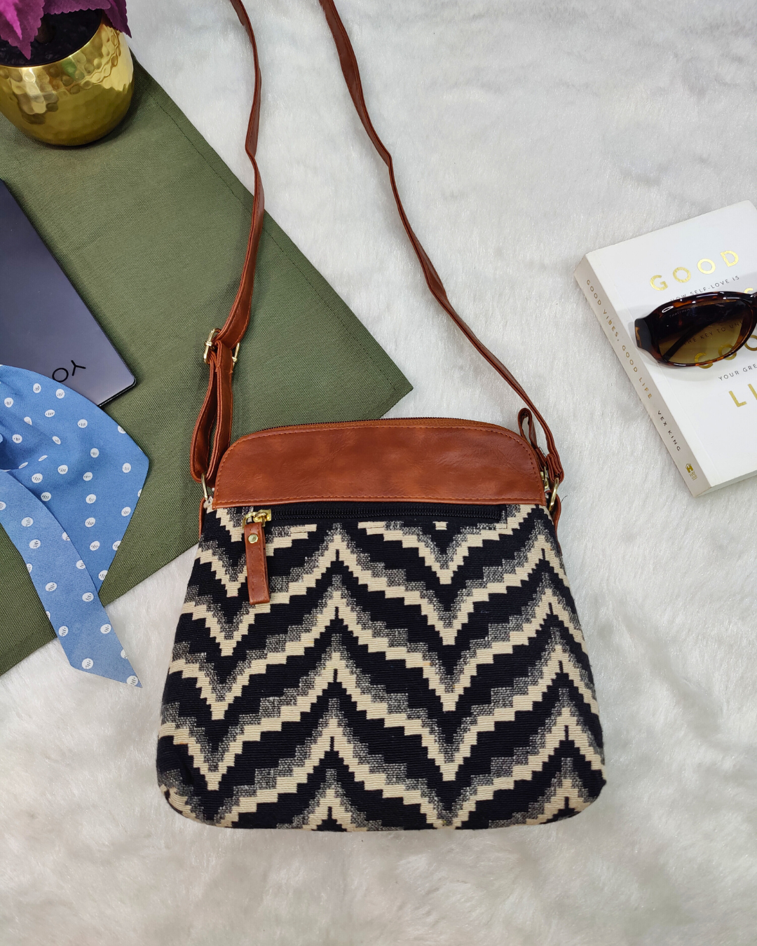 Jacquard Multi-zipper Sling Bag For Women - Lehar - Surovi Bags