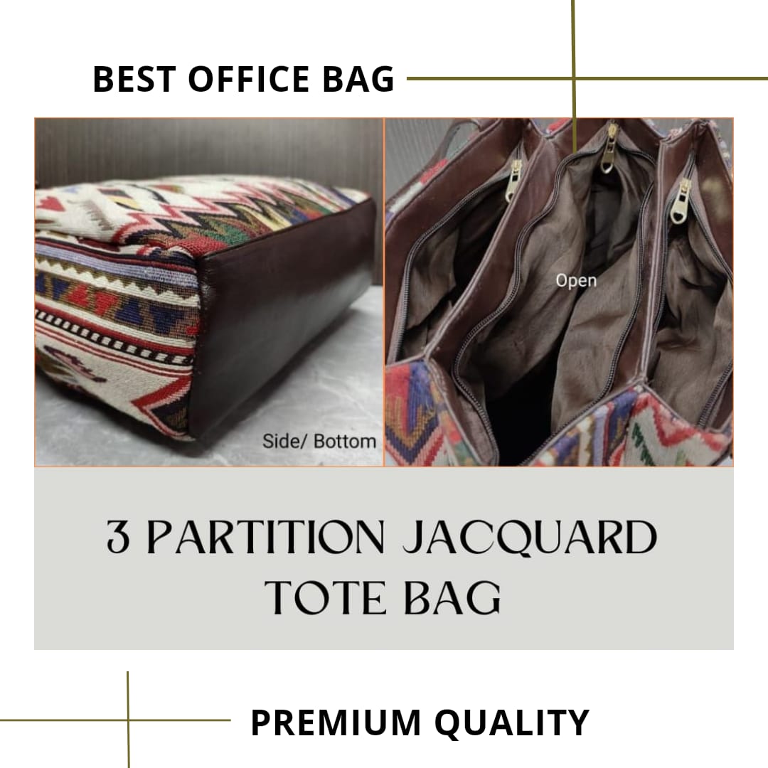 3 Partition Jacquard Tote Bags for Office - Black and Grey - Surovi Bags
