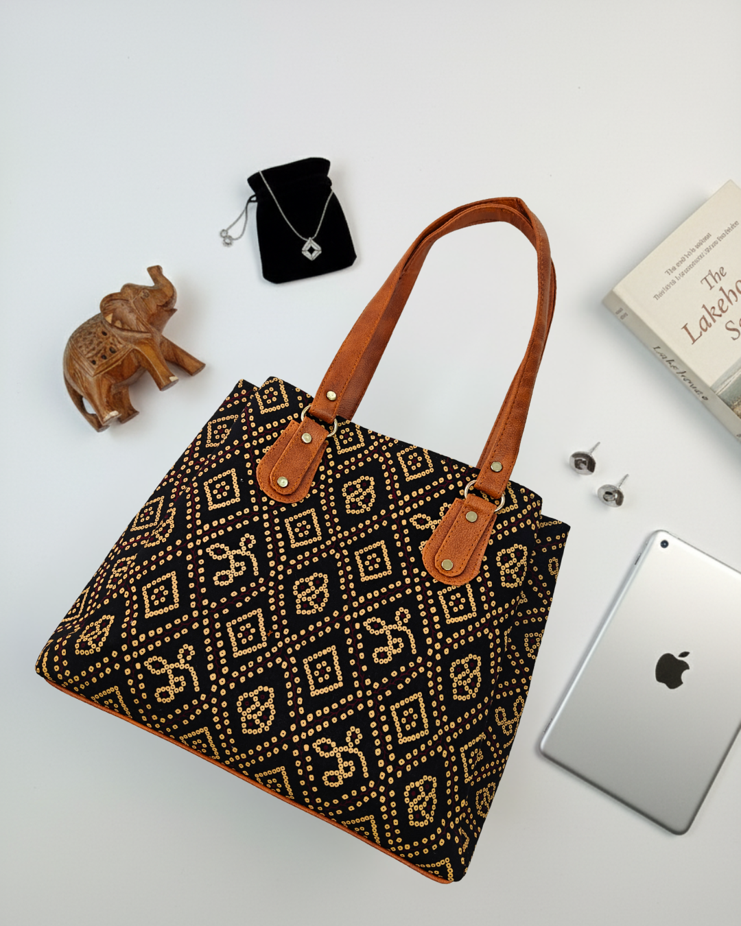 3 Partition Tote Bag for Women - Ajrak Printed