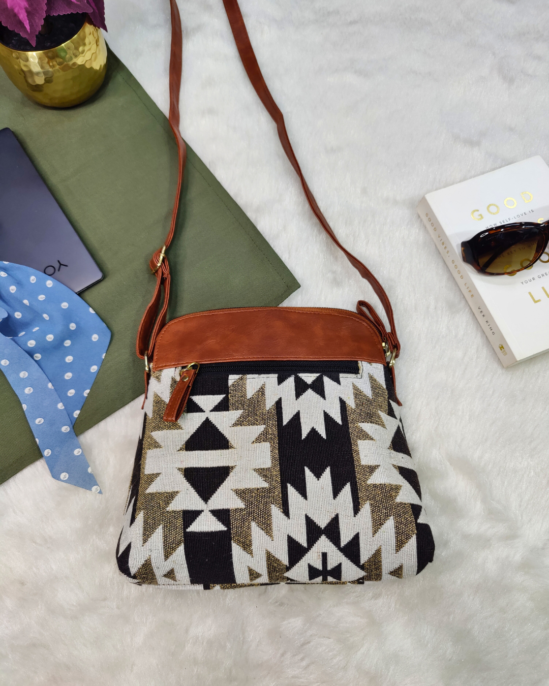 Jacquard Multi-zipper Sling Bag For Women - Ofwhite Weave - Surovi Bags