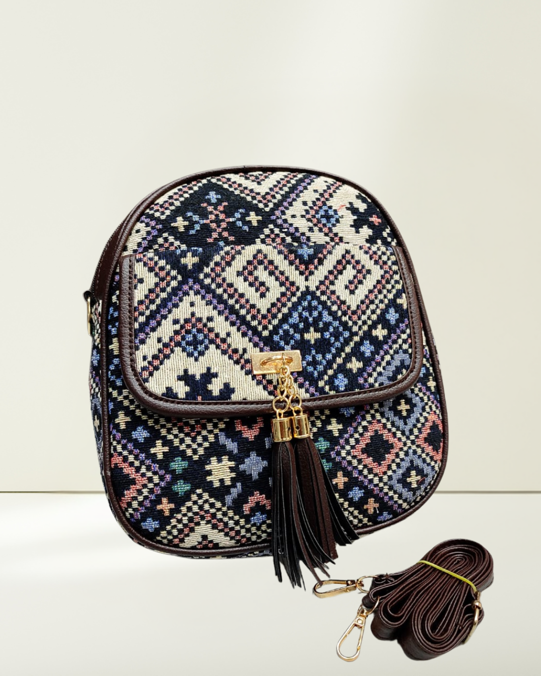 Jacquard Convertible Backpack cum Sling Bag Blue Multi Weave Surovi Bags