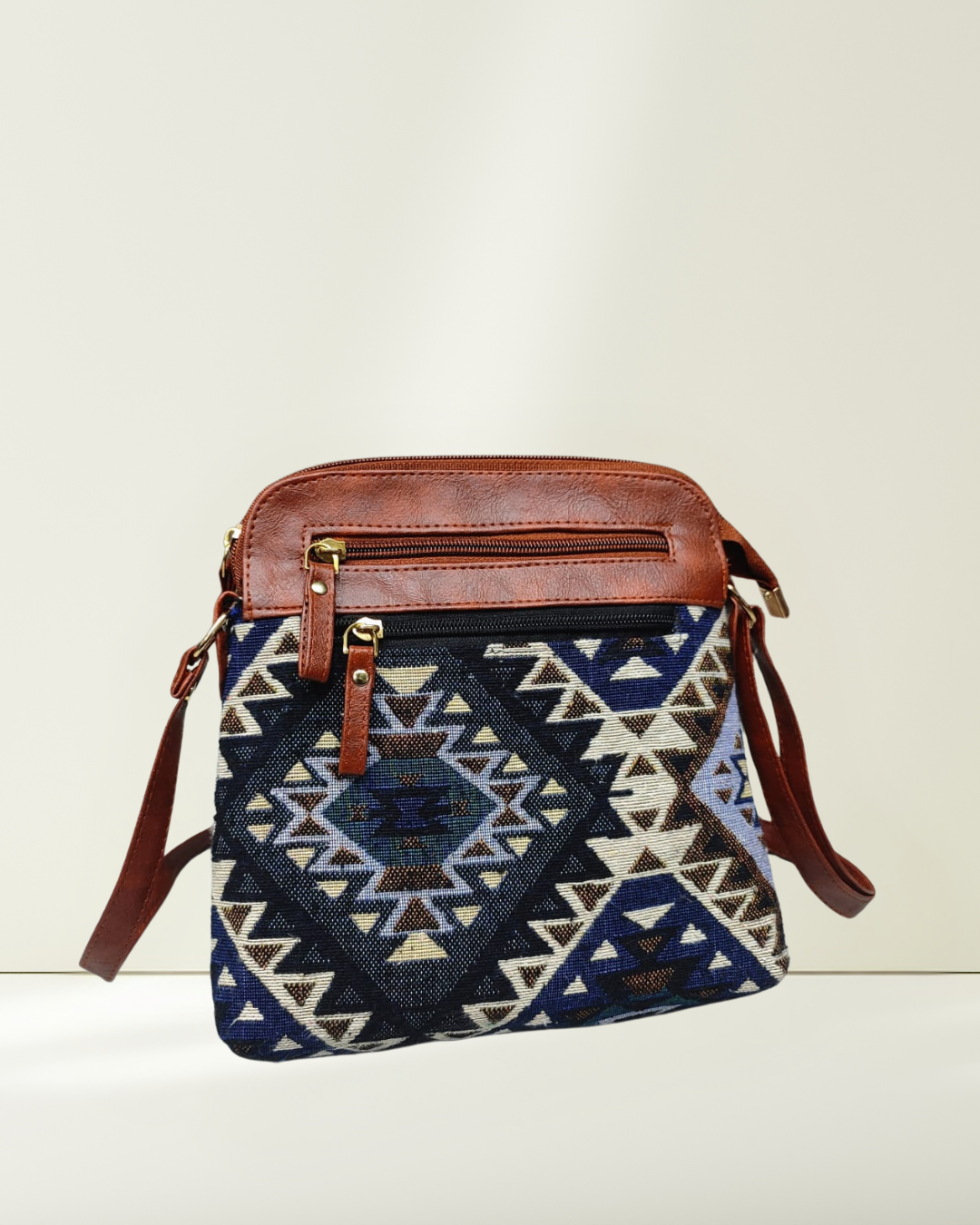 Jacquard Multi-zipper Sling Bag For Women - Navy Blue Tribal - Surovi Bags