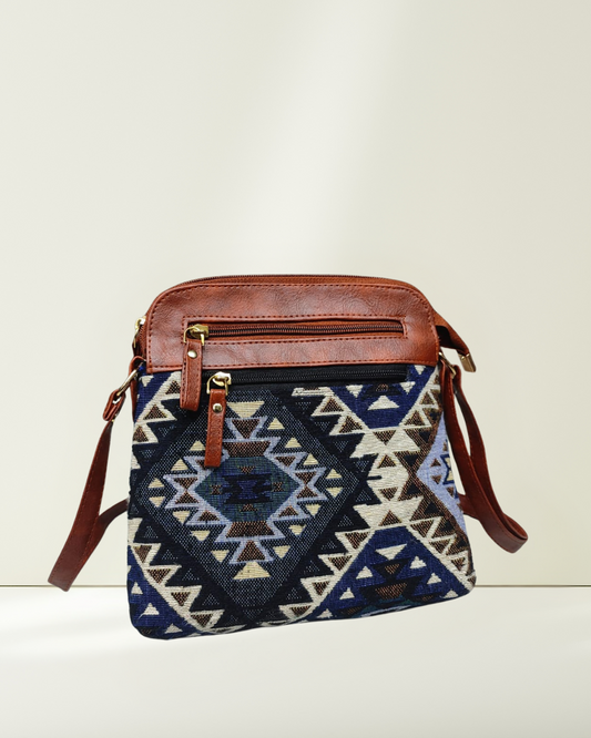 Jacquard Multi-zipper Sling Bag For Women - Navy Blue Tribal - Surovi Bags