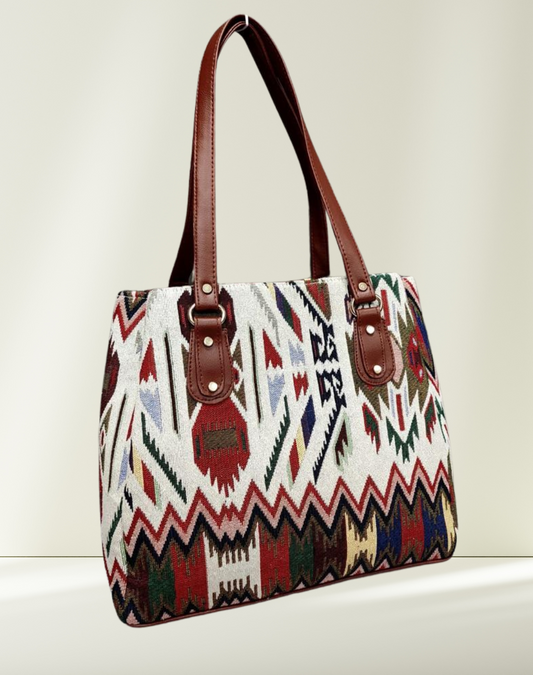 3 Partition Jacquard Tote Bags for Office - Tribal Weave - Surovi Bags