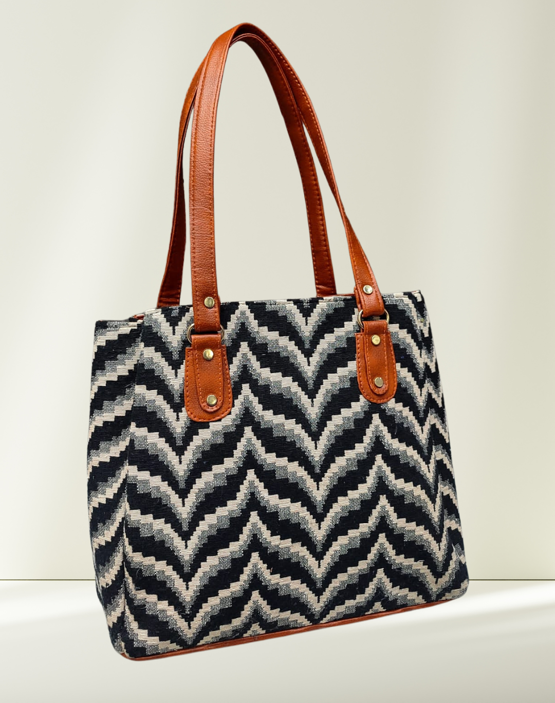 3 Partition Jacquard Tote Bags for Office - Black and Grey - Surovi Bags