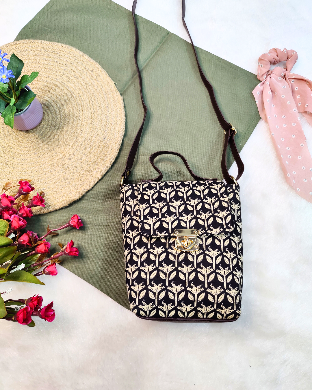 Printed Cotton Double Handle Sling - Starlight Flora Sling - Surovi Bags