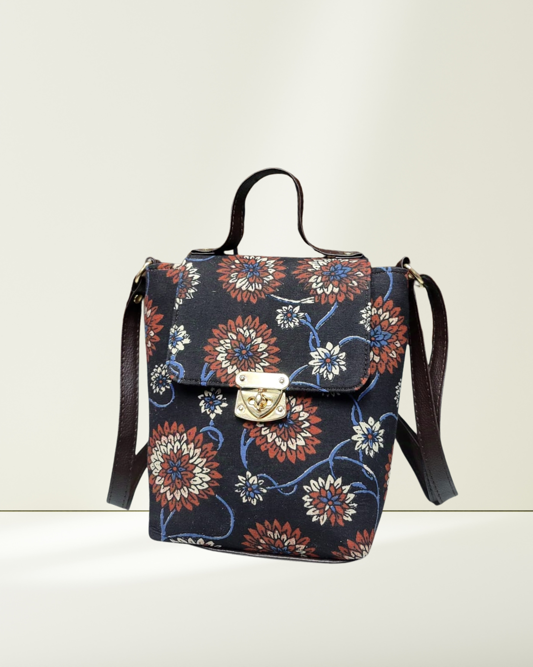 Printed Cotton Double Handle Sling - Charcoal Floral Sling - Surovi Bags