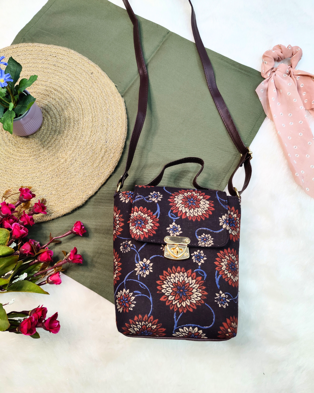 Printed Cotton Double Handle Sling - Charcoal Floral Sling - Surovi Bags