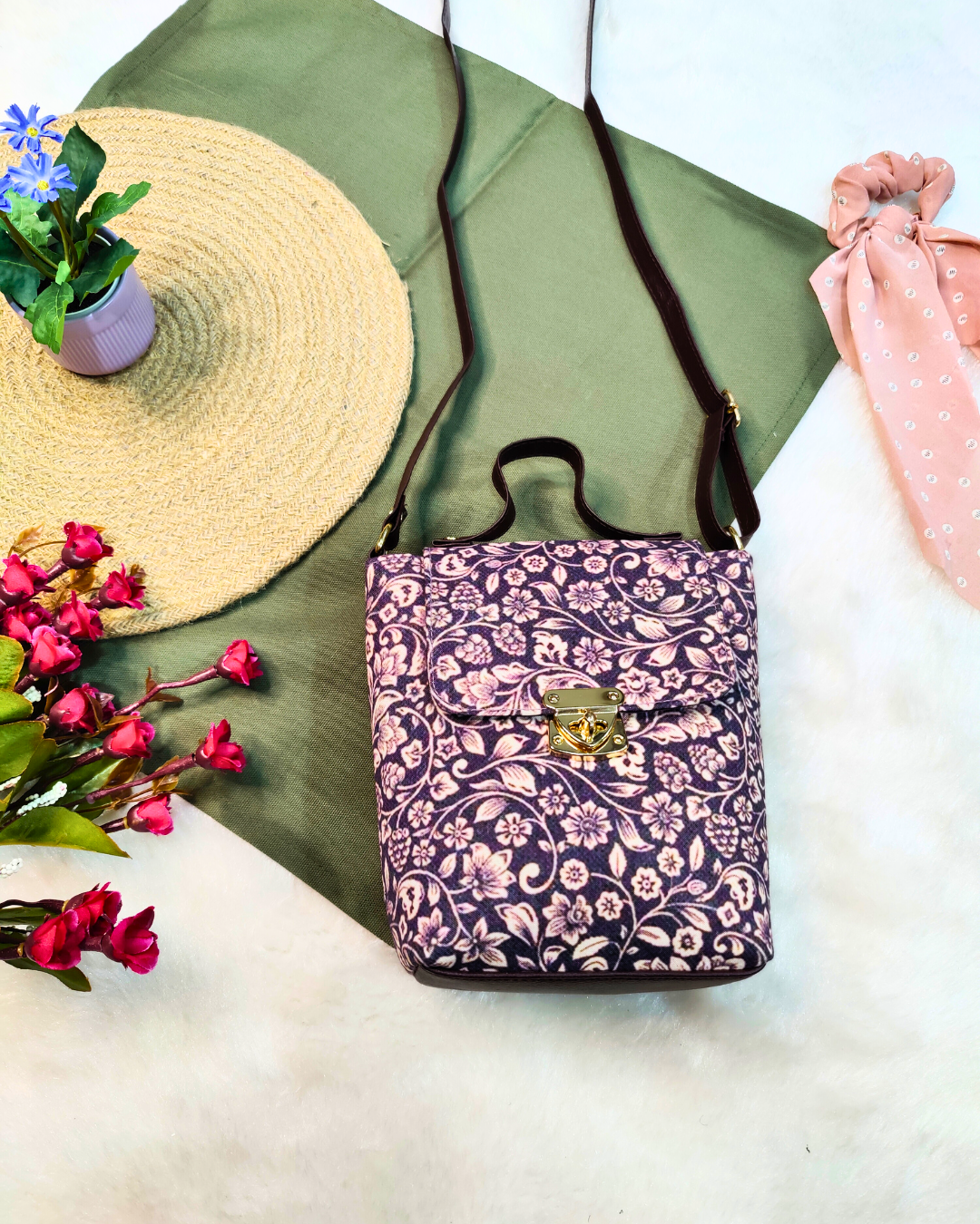 Printed Cotton Double Handle Sling - Twilight Floral Sling - Surovi Bags