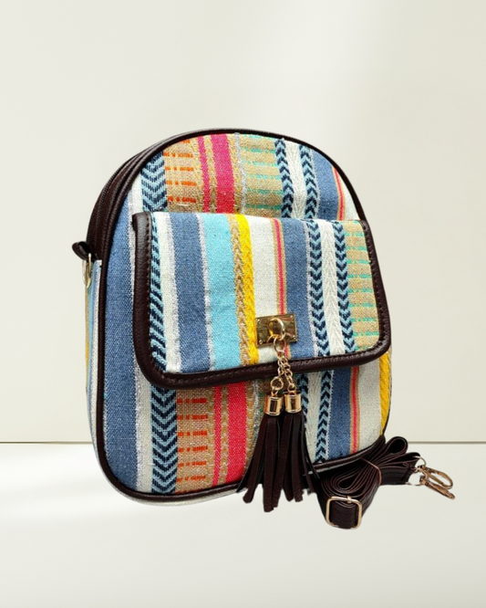 Jacquard Convertible Backpack cum Sling Bag - Rainbow Weave - Surovi Bags