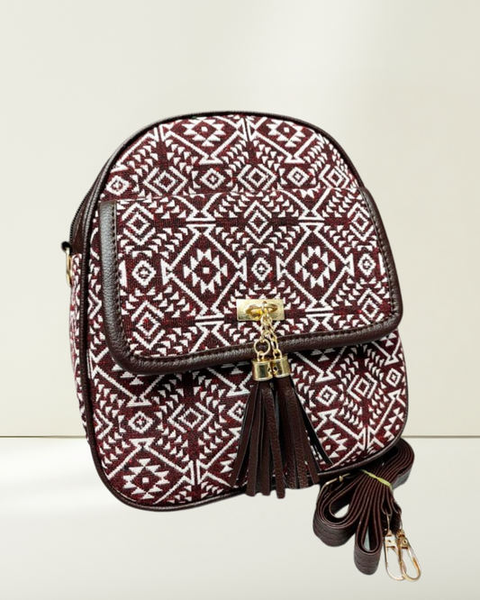 Jacquard Convertible Backpack cum Sling Bag - Red Weave - Surovi Bags