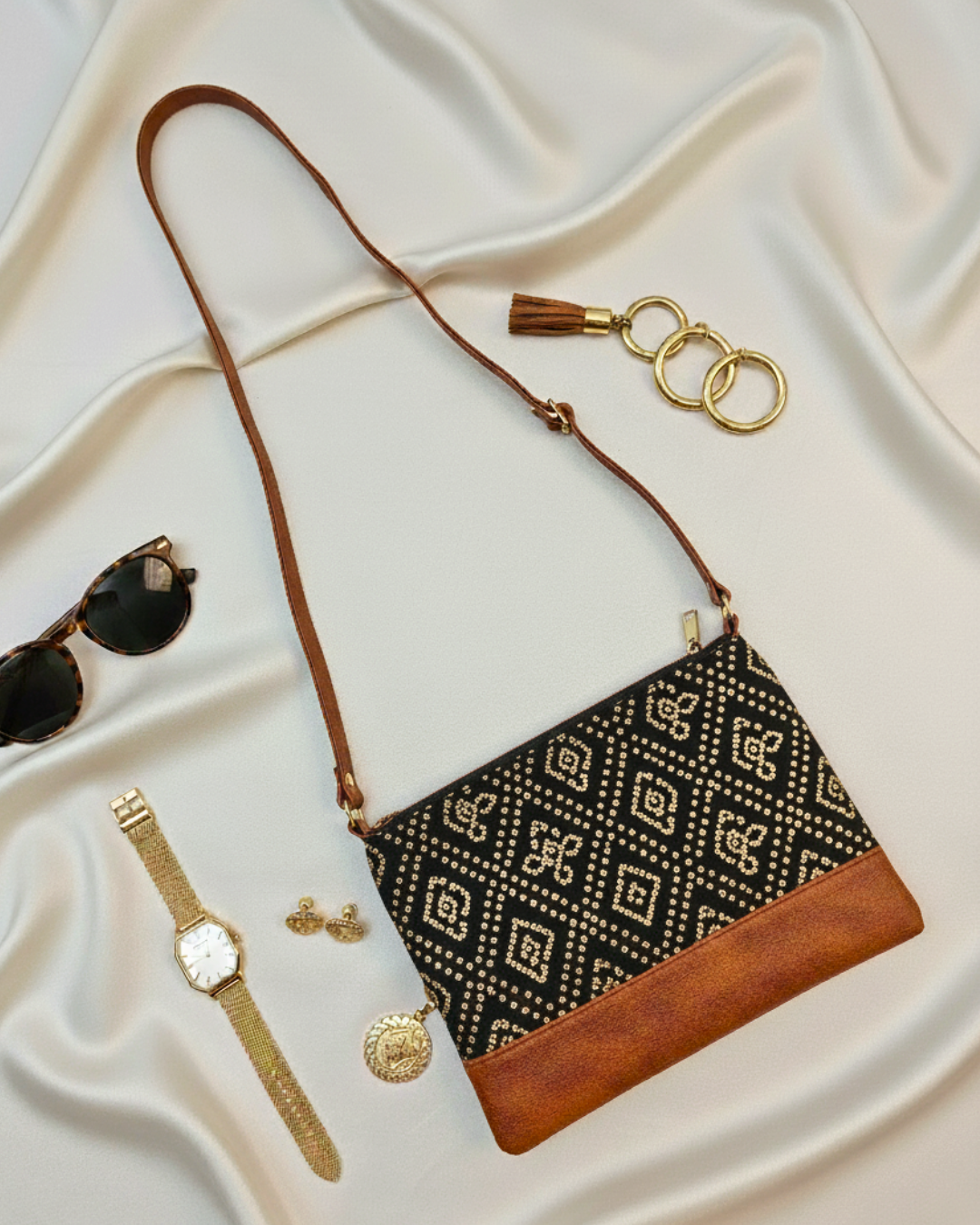 Everyday Convenience: The Jaipuri & Ikkat Sling Bag - Black Bandejh
