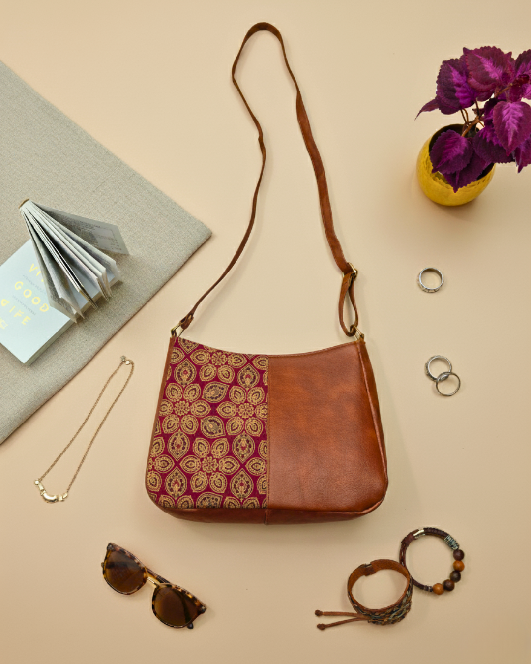 Combination Sling bag for Women - Red Ajrak