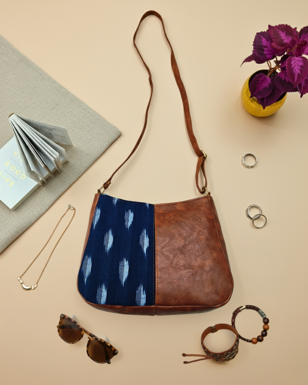 Combination Sling bag for Women - Blue Ikkat Weave