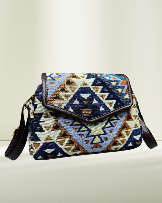 Handmade Jacquard Sling Bag for Women - Blue Tribal Weave - Surovi Bags
