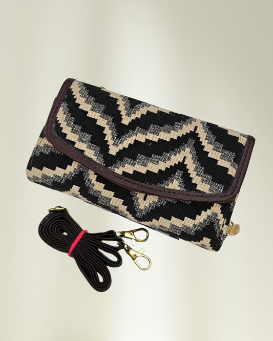 Stylish and Compact Jacquard Sling Wallet - Black and White Weave