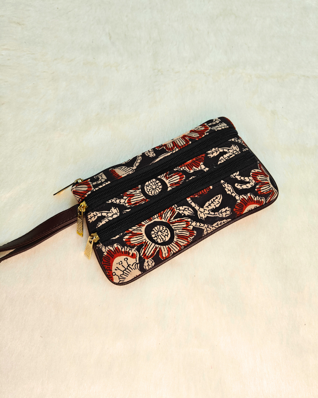 Multi Zipper Mobile Pouch For Women - Black Floral