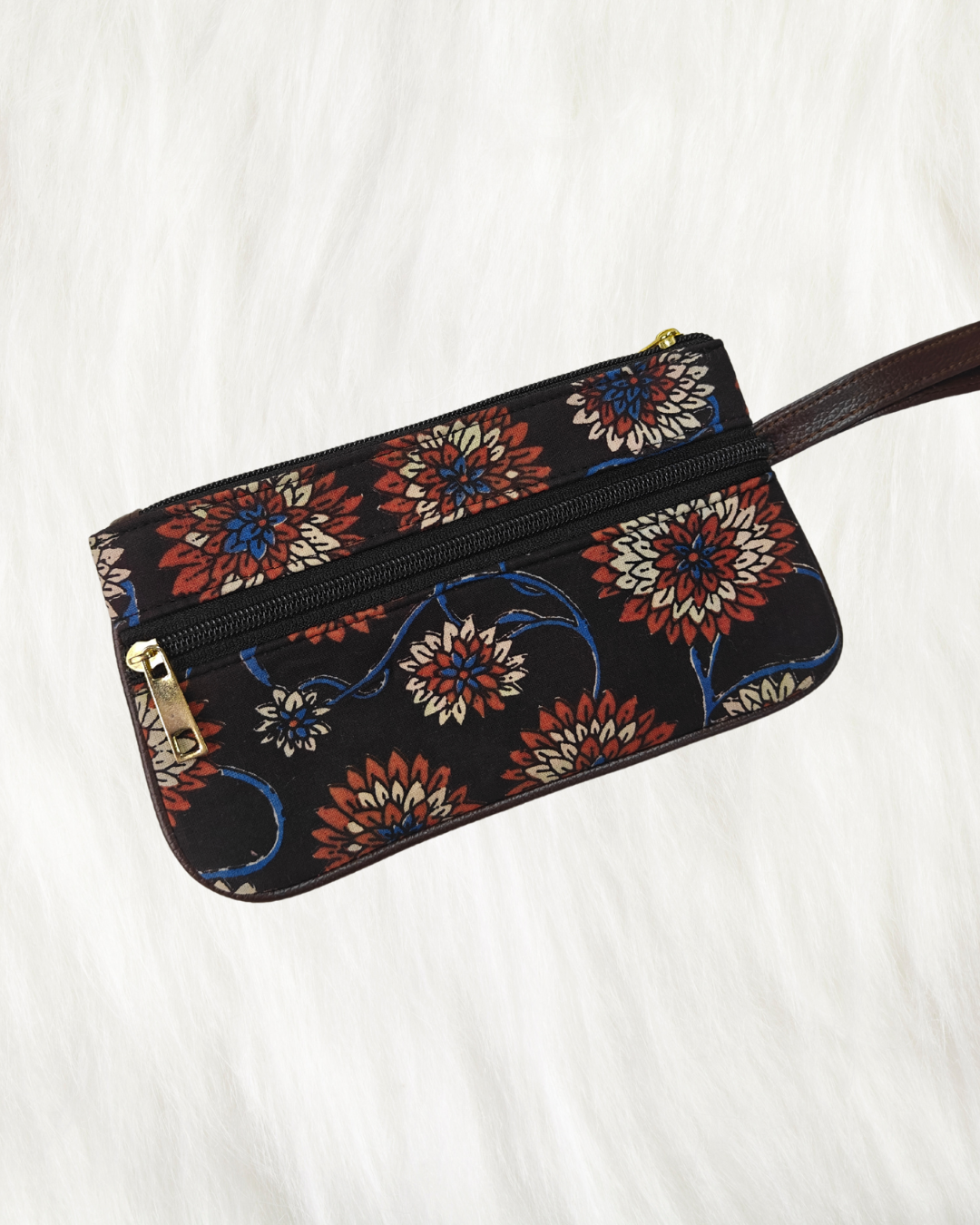 Multi Zipper Mobile Pouch For Women - Black Floral