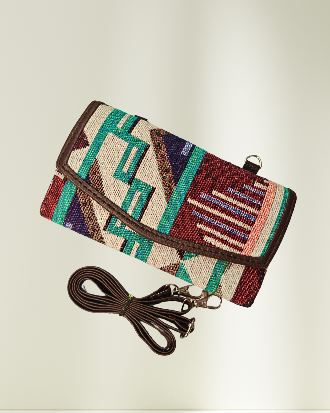 Stylish and Compact Jacquard Sling Wallet - Green Tribal Weave