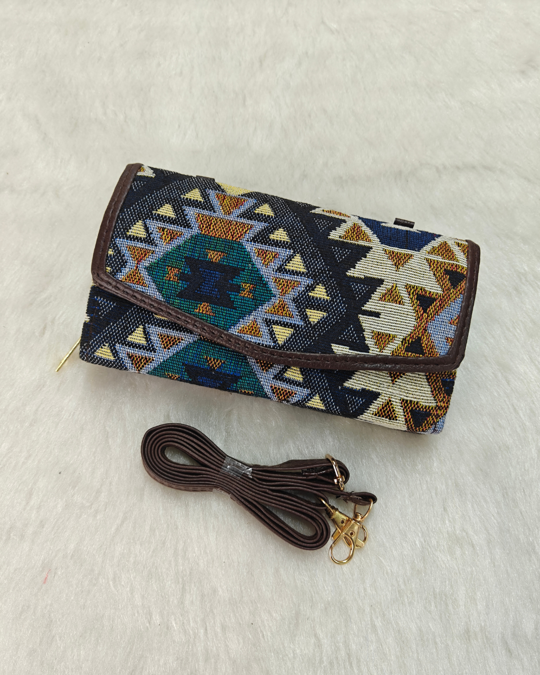 Stylish and Compact Jacquard Sling Wallet - Blue Tribal Weave - Surovi Bags