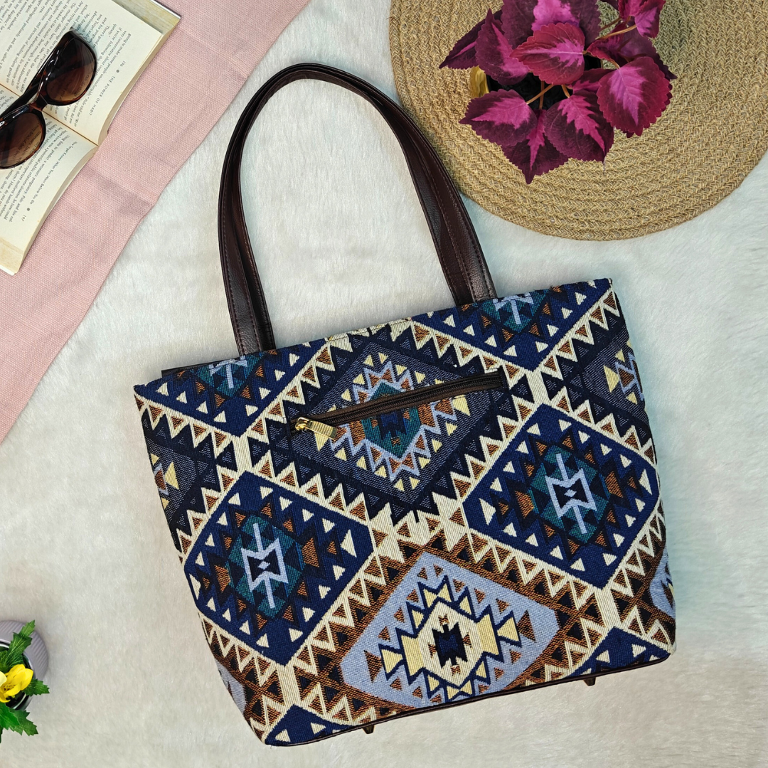 Statement Tote bags for Women - Blue Tribal Weave