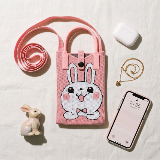 Premium Knitted Mobile Sling Bag - Pink Rabbit