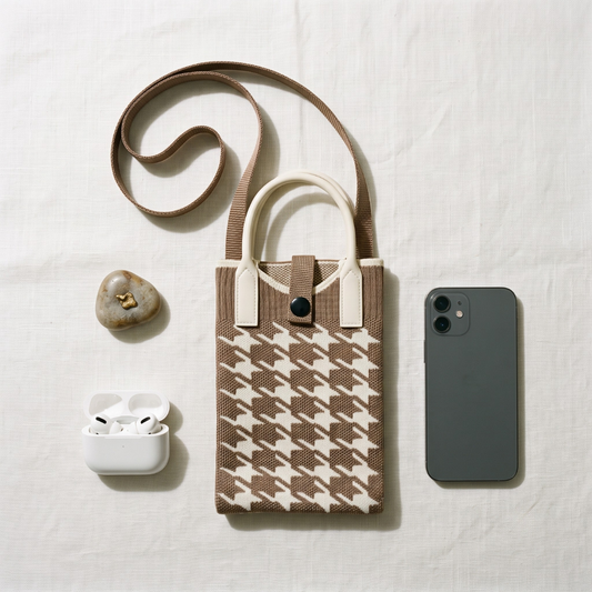 Premium Knitted Mobile Sling Bag - Brown Checks