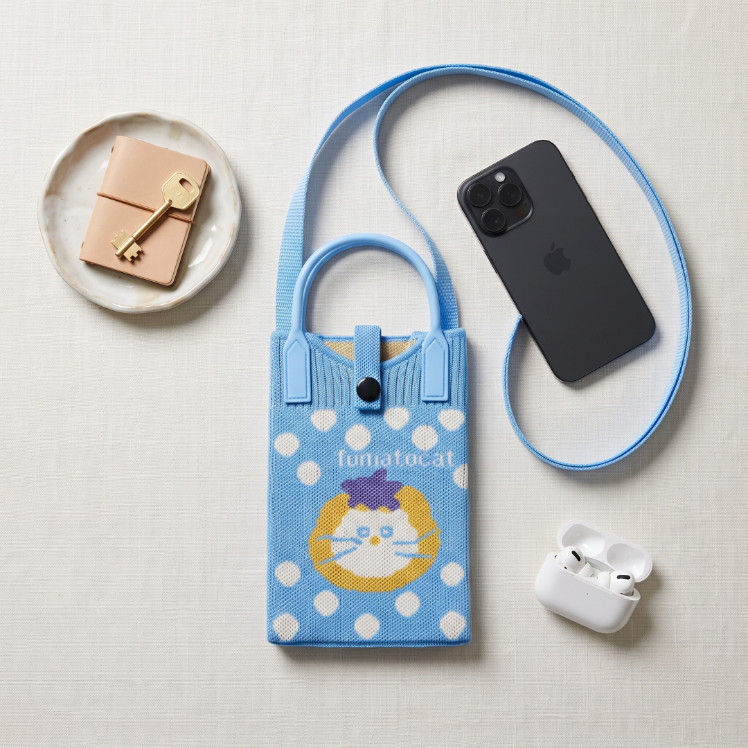 Premium Knitted Mobile Sling Bag - Blue Cat