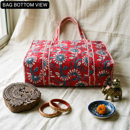 Quilted Jaipuri Tote Bag - Blue