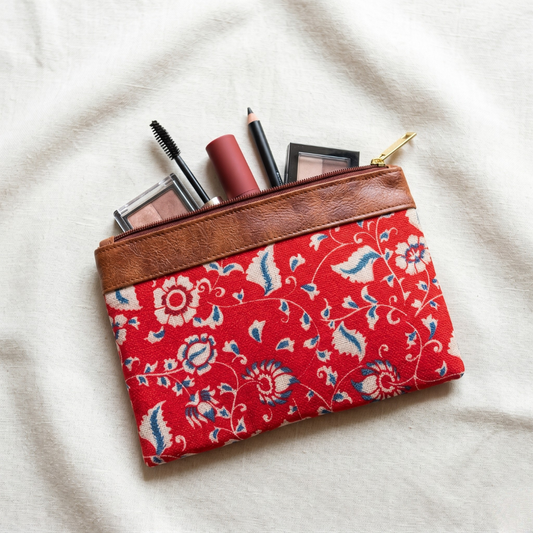 Premium Cosmetic Pouch - Stylish Travel Makeup Bag Organizer - Red Kalamkari - Surovi Bags