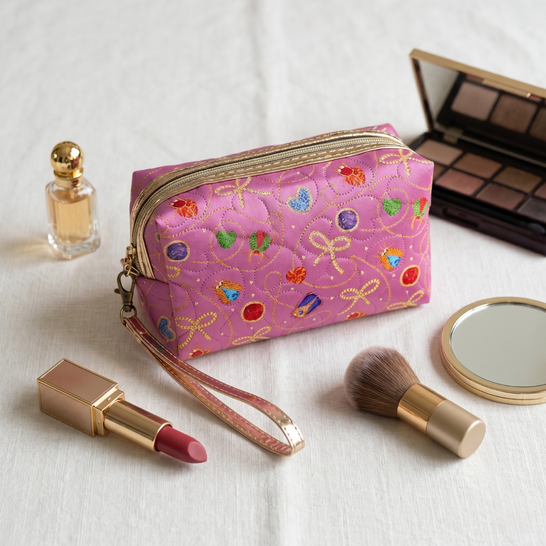Premium Quilted Floral Cosmetic Pouch - Hot Pink