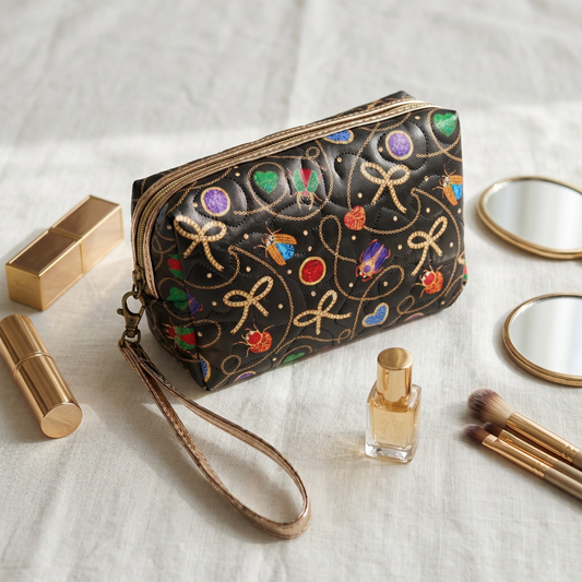 Premium Quilted Floral Cosmetic Pouch - Black - Surovi Bags