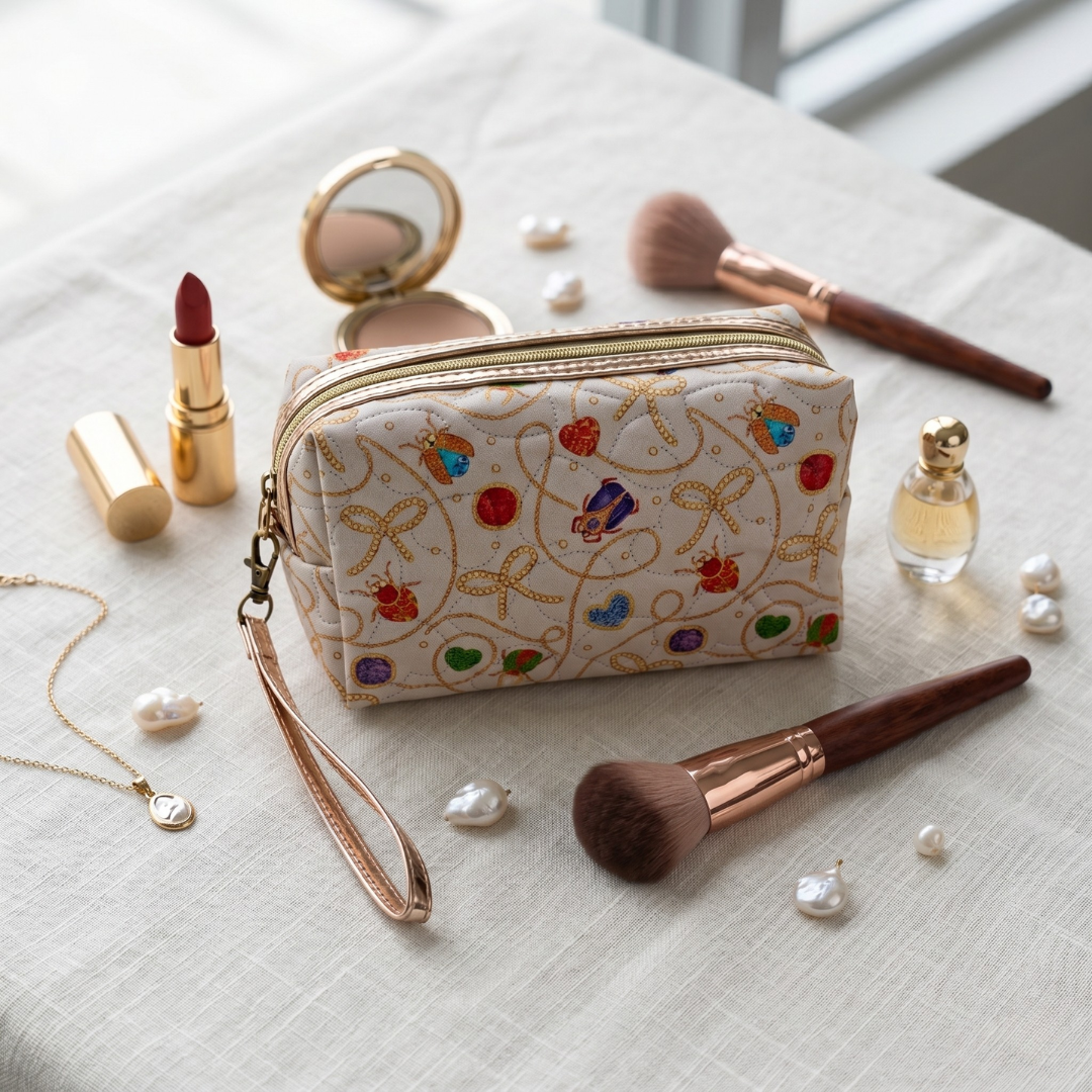 Premium Quilted Floral Cosmetic Pouch - Beige - Surovi Bags