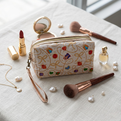 Premium Quilted Floral Cosmetic Pouch - Beige - Surovi Bags