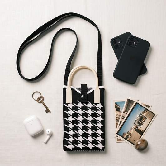 Premium Knitted Mobile Sling Bag - Black and White Checks