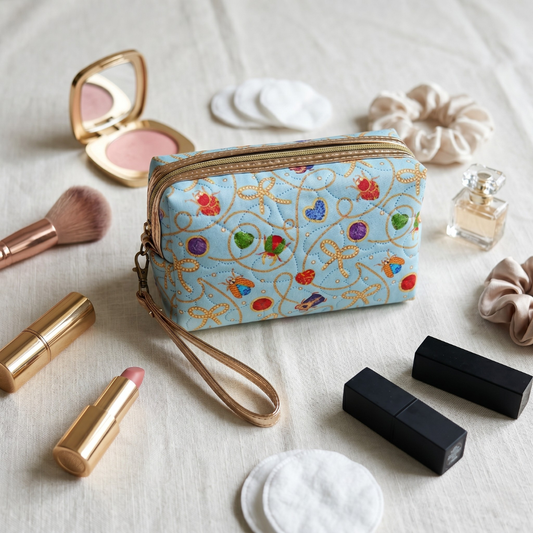 Premium Quilted Floral Cosmetic Pouch - Blue - Surovi Bags