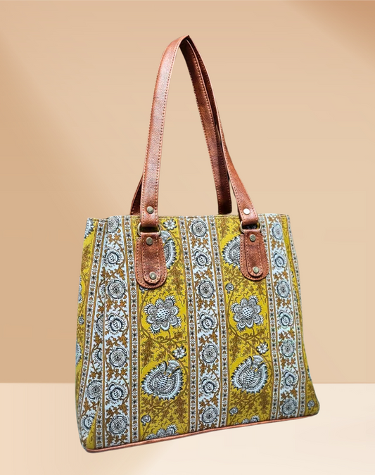 3 Partition Tote Bag for Women - Yellow Kalamkari