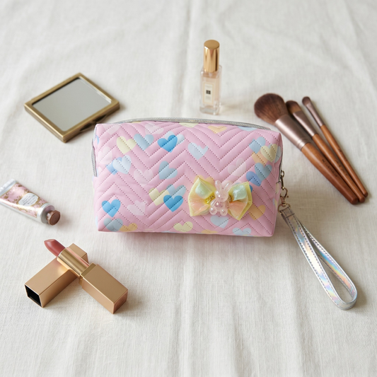 Premium Quilted Floral Cosmetic Pouch - Pink - Surovi Bags