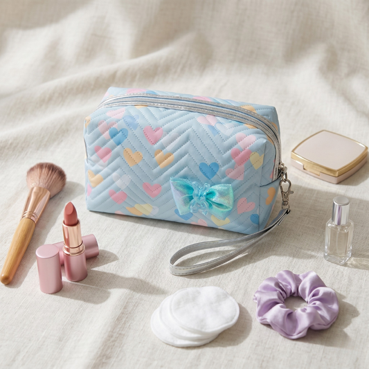 Premium Quilted Floral Cosmetic Pouch - Blue - Surovi Bags