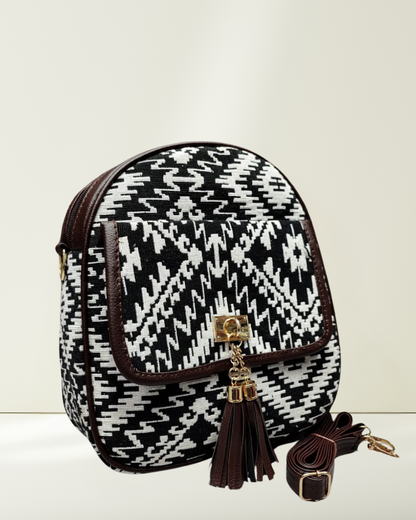 Jacquard Convertible Backpack cum Sling Bag - Black Tribal