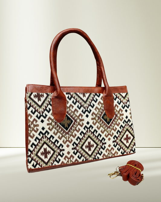 Women Urban Jacquard Handbag - Cream