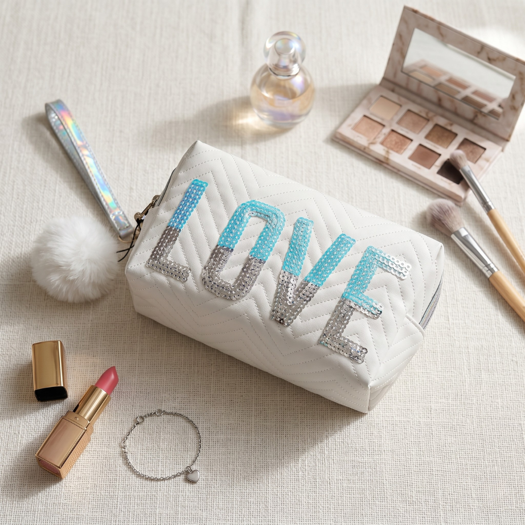 Premium Quilted LOVE Cosmetic Pouch - White - Surovi Bags